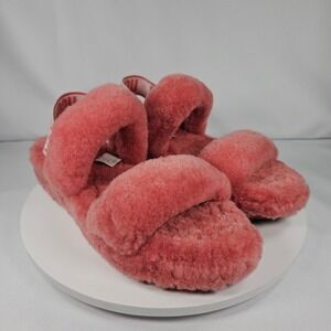 UGG Oh Fluff Yeah Slides Pink Sheepskin Fur Cozy Sandals Women's‎ Size 9